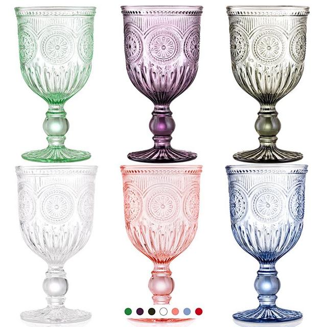 Colored Wine Glasses set of 6 colorful glass goblets-colorful wine glasses-wine goblets are dishwasher safe, colored glassware with an embossed vintage colored goblets pattern like crystal