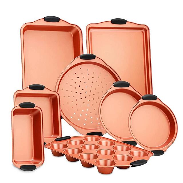NutriChef Flexible & Nonstick Carbon Steel Bakeware Professional Home Kitchen Bake Pan Set with Black Silicone Handles, 8 Piece, Copper