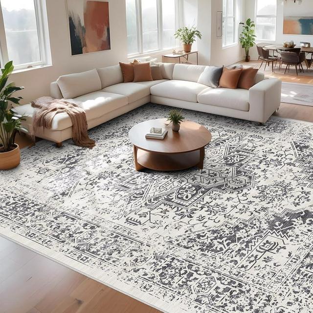 EISUROM 9x12 Large Area Rug - Vintage Washable Rug for Living Room with Non-Slip Low-Pile Traditional Medallion Border Rugs with Stain Resistant Foldable Retro Accent Rug Indoor Thin Rug