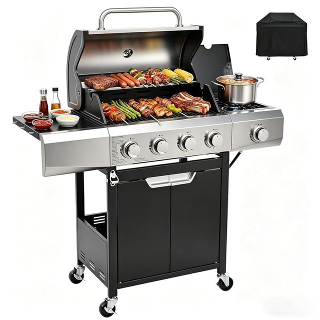 EUHOME 51,000 BTU 4-Burner Propane Gas Grill with Side Burner – Large 452 sq.in Stainless Steel BBQ Grill, Enameled Cast Iron Grates, 4 Swivel Casters & Protective Cover for Backyard Patio Family