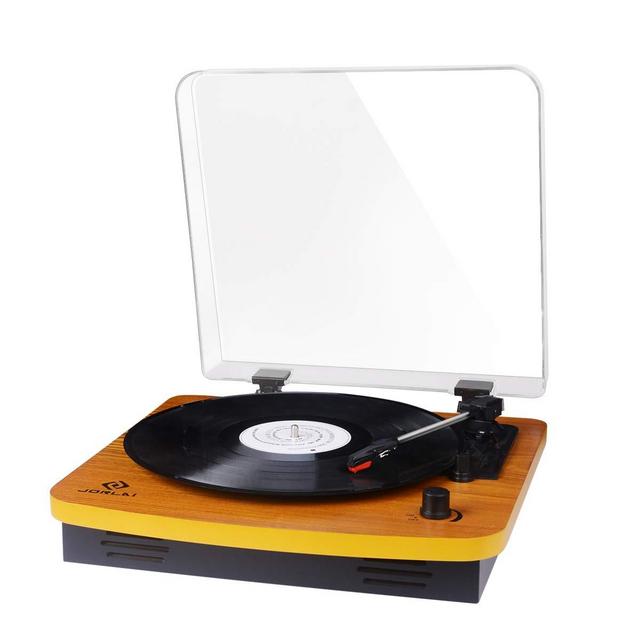 JORLAI Record Player, Turntables for Vinyl Records, 33 45 78 RPM Record Player with Speakers, Vinyl to MP3 Recording Capable, RCA Output, 3.5mm Aux Input, Volume Control - Wood