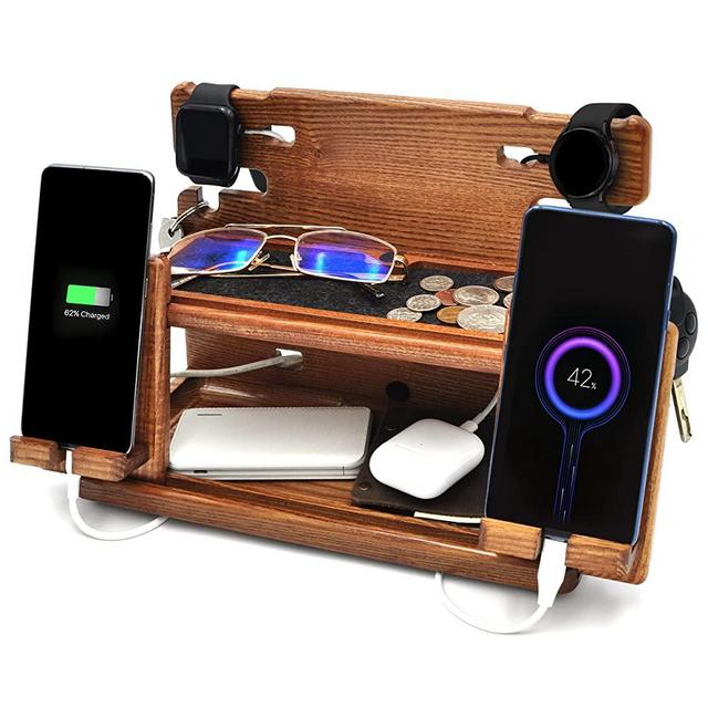 BarvA Wood Docking Station Bedside Table 2 Tier Organizer Double Phone Wallet Watch Stand Key Holder Tech Gadgets Charging Station Women Accessories Bedside Caddy Wedding Gifts Birthday Gifts for Men