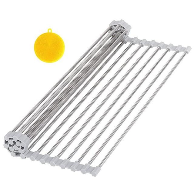 Hhyn Roll-Up Sink Drying Rack 17.7"(L) x 14"(W) - Multipurpose Heat Resistant Over the Sink Stainless Steel & Silicone Dish Drying Rack Rollable Kitchen Dish Drainer for Fruits and Vegetable