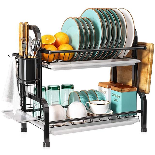 2 Tier Dish Rack and Drainboard Set, Romision Compact Stainless Steel Dish Drying Rack with Drainage, Utensil Holder and Cutting Board Holder, Dish Drainer for Kitchen Counter(Black)