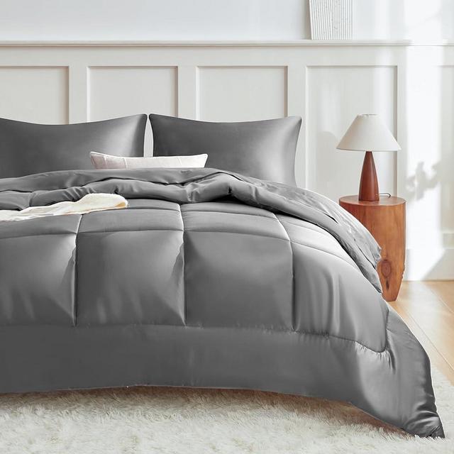MR&HM Queen Comforter Set Dark Grey, Reversible Satin Microfiber Comforter Set for All Seasons, 3 Pieces Non-Slip Silky Soft Bedding Sets with 1 Comforter (90"x90") and 2 Pillowcases (20"x26")
