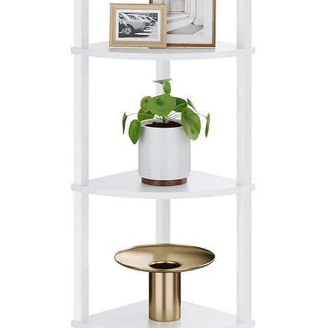 VIMBER Corner Shelf, 5-Tier Corner Bookshelf, Industrial Corner Ladder Shelf, Modern Display Shelf for Living Room, Bedroom, Kitchen, Home Office, White UJSJ001W