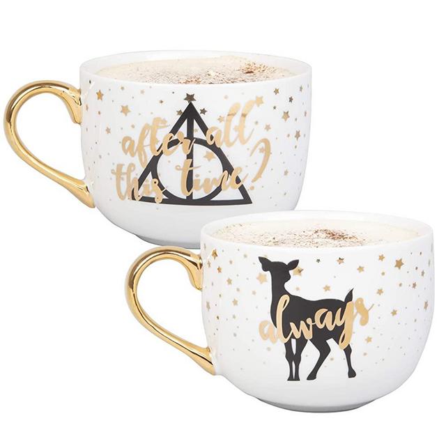 Harry Potter Latte Coffee Mug Set of 2 - After All This Time, Always - Deathly Hallows and Doe Patronus Designs - 16 oz