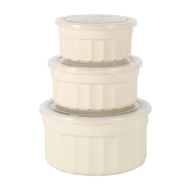 Martha Stewart Broadbrook 6 Piece Stoneware Meal Prep Container Set with Lids, Food Storage Bakeware, Ovenµwave&Dishwasher Safe, Cream- Round