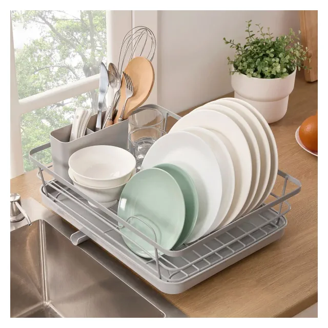 3-Piece Multi-Functional Dish Drying Rack with Drain Board & Utensil Holder - Silver