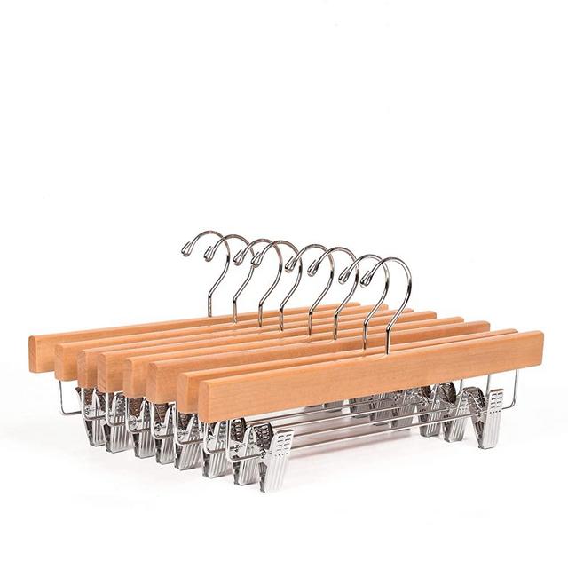 Amber Home 10 Pack Solid Gugertree Deluxe Wooden Pants Hangers Bottom Hanger Slacks Hanger Skirt Hanger with 2-Adjustable Clips (Natural, 10)