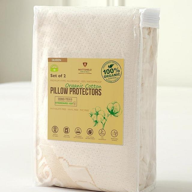 2-Pack Deluxe Organic Cotton Pillow Protectors - Queen - GOTS Certified Cotton, Waterproof, Zippered Encasement, Allergy-Resistant Pillow Covers, Ultra-Soft Knit Fabric, 200 GSM, Secure Pillowcases