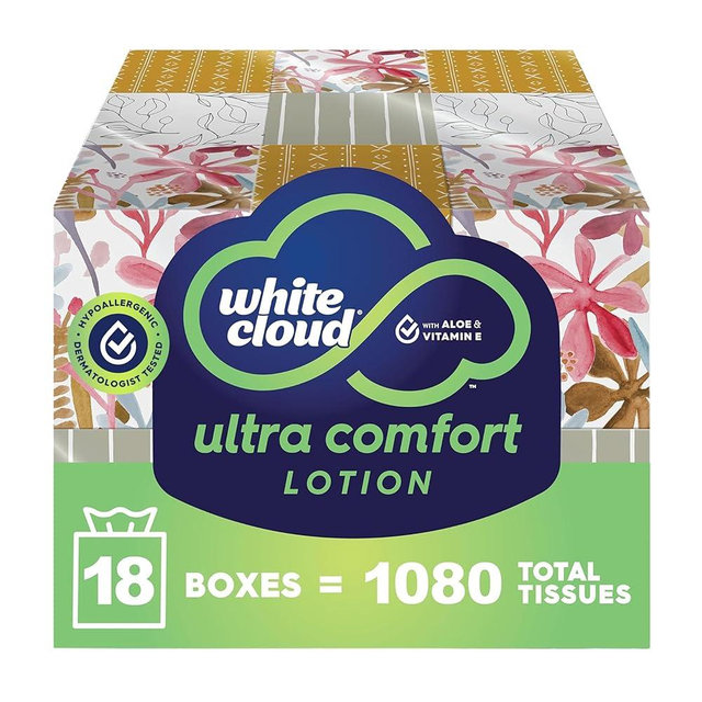 White Cloud Ultra Comfort Lotion 3-Ply Facial Tissue with Aloe & Vitamin E, 18 Box Multipack, 60 Tissues Per Box