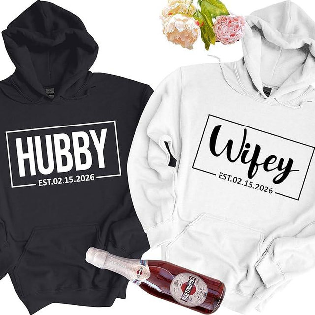 Wifey And Hubby Hoodie Wedding Party Honeymoon Hoodies Just Married Hoodie with Est Date Gift for Newly Married Couple