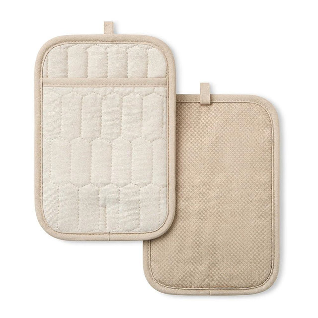 MARTHA STEWART Honeycomb Quilted Chambray Pot Holder 2-Pack Set, 100% Cotton, Flexible Non-Slip Silicone Grip, Heat Resistant, Natural, 7"X10"