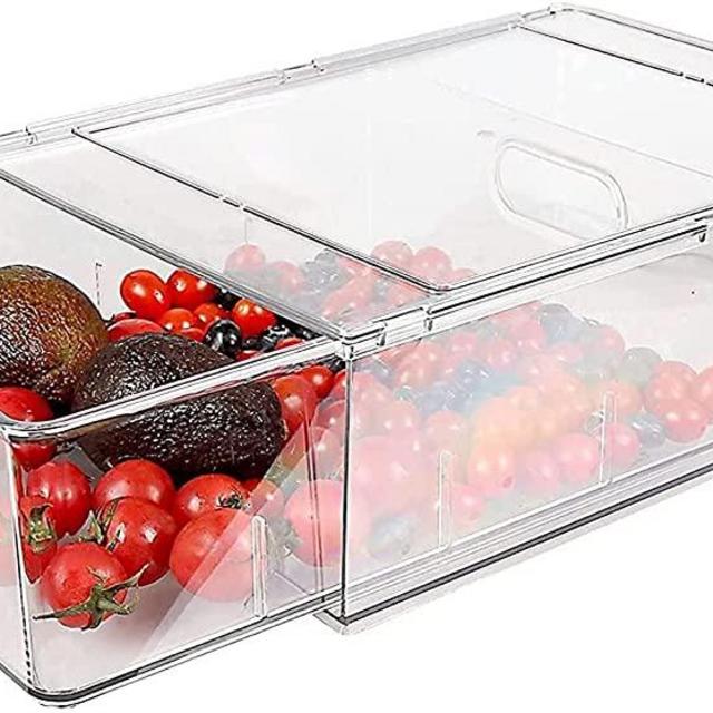 Refrigerator Organizer Bins with Pull-out Drawer,Stackable Fridge Drawer Organizer Set with Handle,Plastic Kitchen Pantry Cabinet, BPA-free Drawable Clear Storage Cases,Organizer for Freezer, Cabinet, Kitchen, Pantry Organization