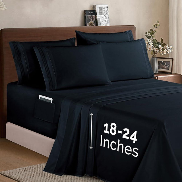 Elegant Comfort 1500 Premium Quality 6-Piece Bed Sheet Set - 18-24 Inch Extra Deep Pocket, Smart Storage Pockets, Wrinkle Free Ultra Soft 6PC Extra Deep Pocket Sheets, California King, Black