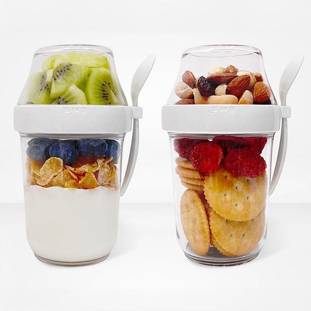 Felli On the Go Yogurt Parfait Snack Cup 12 oz Leak Proof, Spoon + Compartment for Cereal Milk Fruit Granola Breakfast, Reusable To Go Overnight Oats Container with Lid, Baby Travel Jar (2, White)