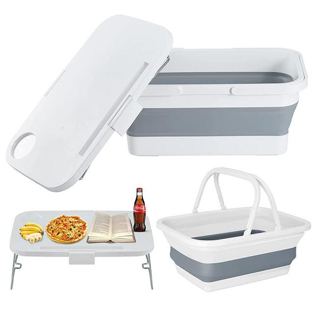 YETO Foldable Picnic Basket for 2 or 4 with Lid and Tray Table Set- Collapsible Tub with Handle - Foldable Shopping Bag - Portable Sink, Basin, Bucket Great for Camping Hiking and Family Outings, 15L