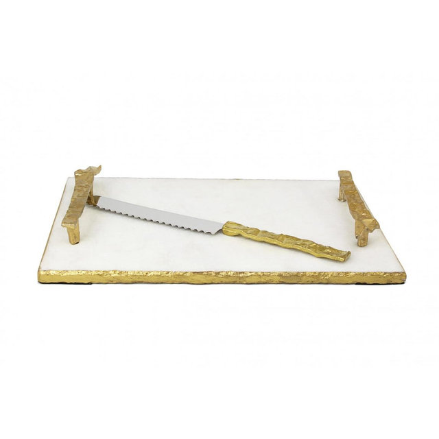 White Marble Challah Tray with Gold Crumbled Handles and Knife