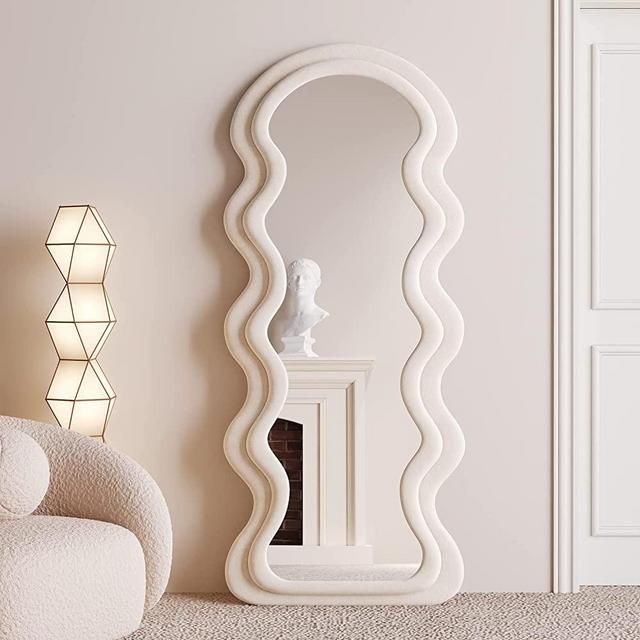 BOJOY Full Length Mirror 63"x24", Irregular Wavy Mirror, Wave Arched Floor Mirror, Wall Mirror Standing Hanging or Leaning Against Wall for Bedroom, Flannel Wrapped Wooden Frame Mirror-White