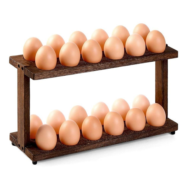 PEKER Wooden Egg Holder, 2-Tier Countertop Egg Rack, 24-Egg Capacity (Paulownia Wood), Farmhouse Kitchen Organizer for Fresh Eggs