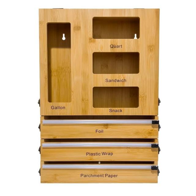 Ziplock Bag Storage Organizer for Drawer, 3 in 1 Dispenser with Cutter-Bamboo Dispenser box, Compatible with Gallon, Quart, Sandwich and Snack Variety Size Bag (1 Box 4 Slots) Cutter (3 slots)