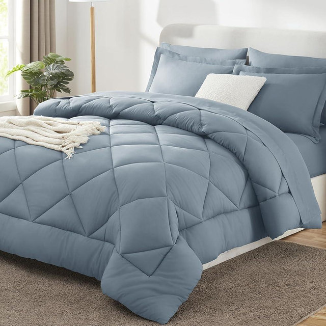 CozyLux King Size Comforter Set Dusty Blue - 7 Pieces Bed in a Bag King, Luxury Soft Bed Set for All Seasons, Bedding Set with Down Alternative Comforter, Sheets, Pillowcases & Shams, Grayish Blue