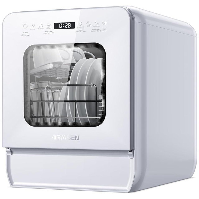 AIRMSEN Portable Countertop Dishwasher with 5L Water Tank, Mini Dishwasher with 14.6” Ultra-Narrow Design, 9 Programs, 24H Delay Start & 360° Dual Spray, No Hookup Needed, C01, White