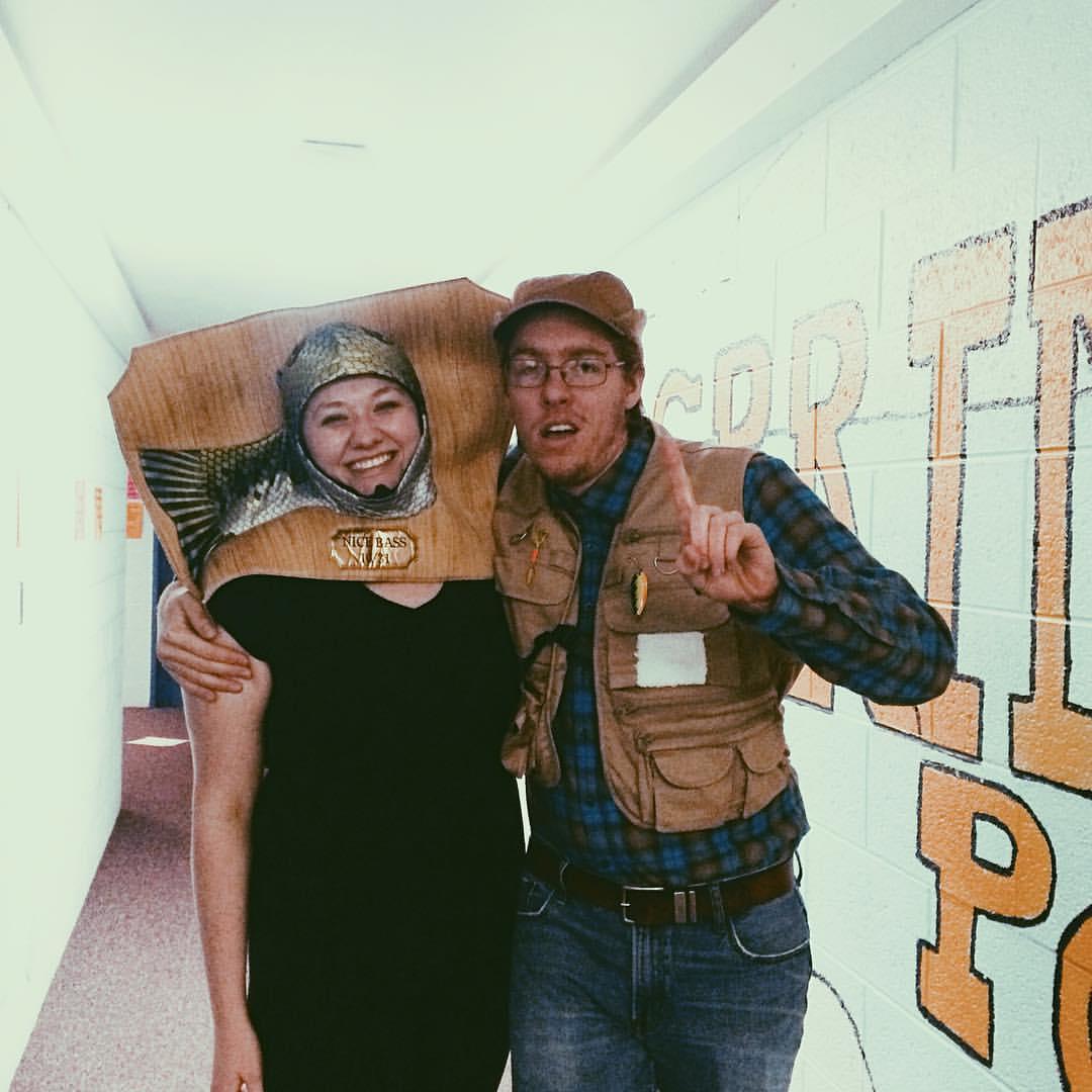 Our best Halloween costume to date (most years, we don't even try). A fisherman and his "catch," October 2015.