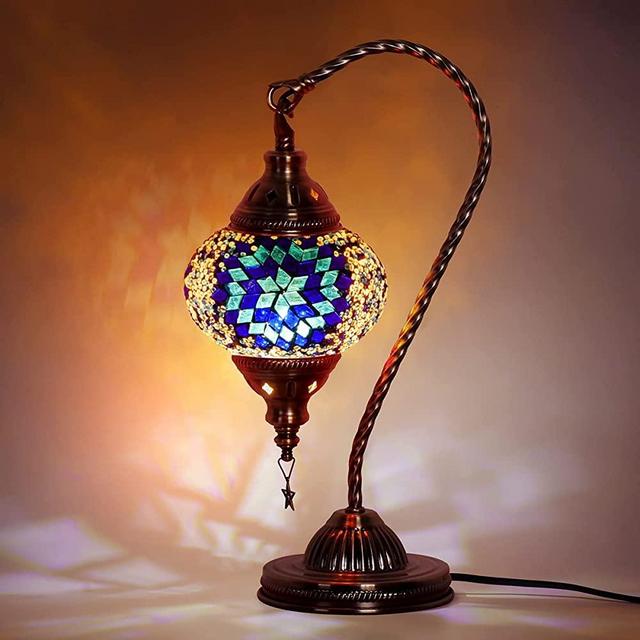 Turkish Moroccan Lamp with Bronze Base - Yarra Decor 3 Color Options Handmade Swan Neck Tiffany Mosaic Glass Bedside Lamps for Bedroom (LED Bulb Included)