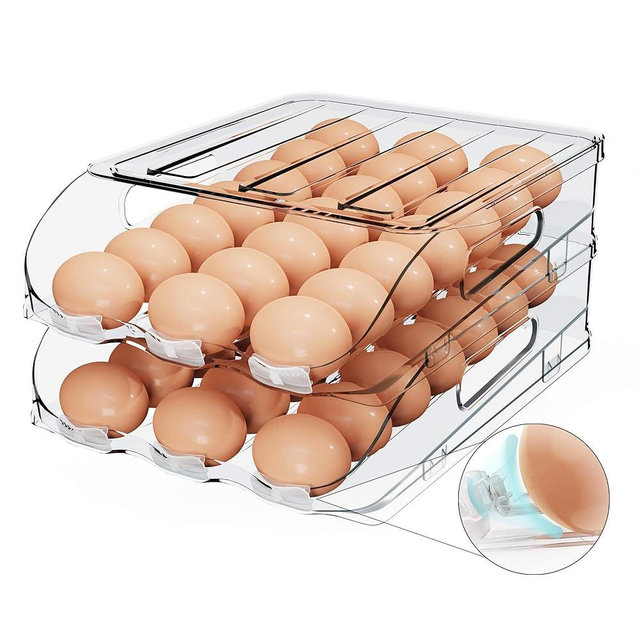 SMRCAD Egg Holder for Fridge, Automatic Steady Rolling Egg Dispenser with Silicone Bumpers & Handle for Refrigerator, Large Capacity Egg Organizer with Lid