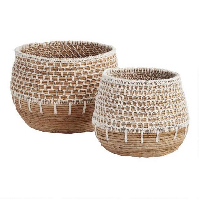 Natural Banana Leaf Harper Basket with White Macrame