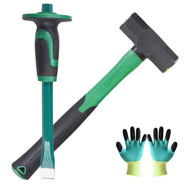 2lb Sledge Hammer & Flat Chisel with Hand Protection ​for Tile/Rock/Masonry/Concrete/Brick, Mason Flat Head Chisel & Small Drilling Hammer with Anti-Slip Handled+ A pair of gloves, Green-2