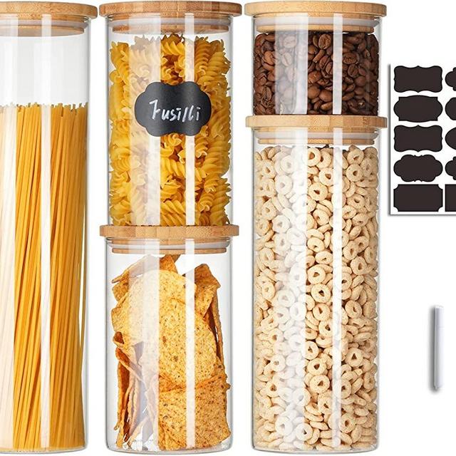  ComSaf Airtight Glass Storage Canister with Bamboo Lid  (22oz/37oz/50oz) Set of 6, Clear Food Storage Container Kitchen Pantry  Storage Jar for Flour Cereal Sugar Tea Coffee Beans Snacks, Square : Home