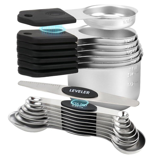16-Piece Stainless Steel Magnetic Measuring Cups and Spoons Set - Heavy-Duty Nesting Design with Leveler, Dual Measurements (Dry & Liquid), Dishwasher Safe - Black