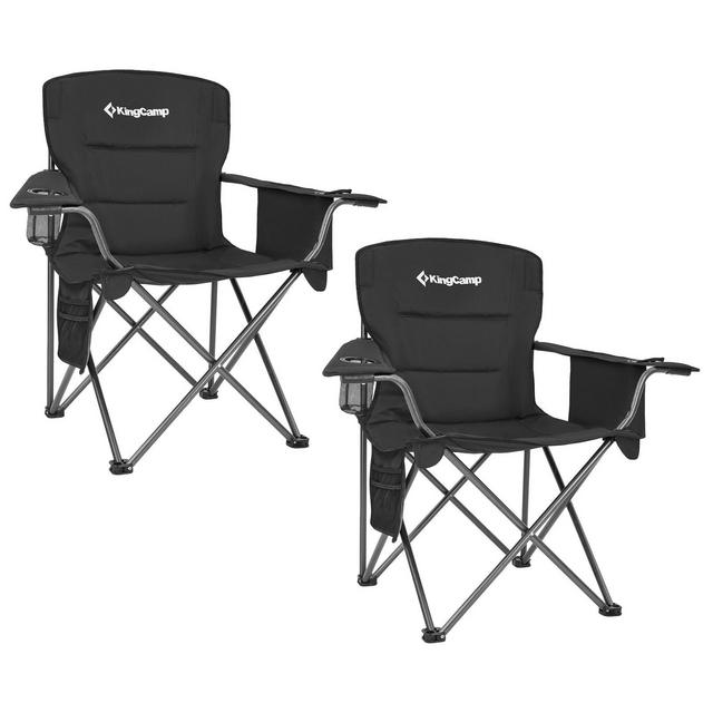 KingCamp Padded Folding Lounge Chairs with Built-In Cupholder, Insulated Cooler Sleeve, and Side Storage Pocket for Indoor & Outdoors, Black
