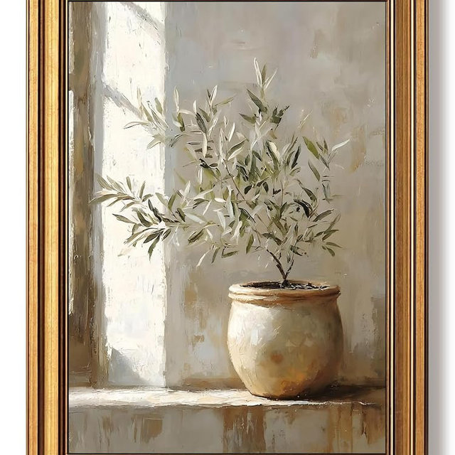 Vintage Gold Framed Olive Tree Canvas Wall Art, Neutral Botanical Pictures Wall Decor, Rustic Potted Plant Paintings Prints, Organic Modern Farmhouse Artwork for Living Room Bedroom 16x24 Inch