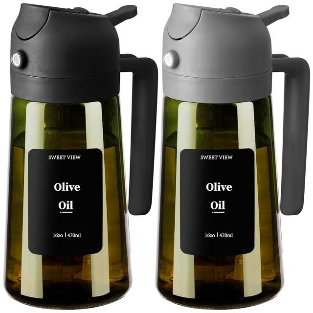 SWEET VIEW 2PCS Olive Oil Dispenser and Oil Sprayer – 16oz/470ml Glass Light-Proof Oil Pourer for Kitchen, Air Fryer, Cooking, Salad, and BBQ