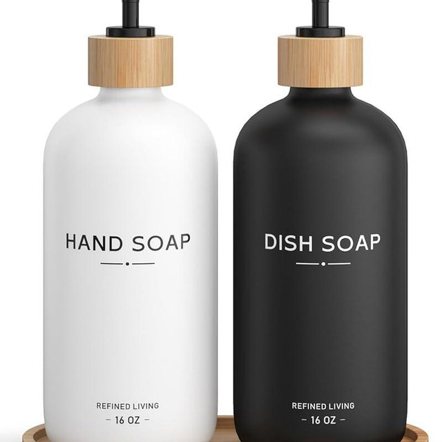 Hand and Dish Soap Dispenser Set,16oz Glass Bottles with Printed Labels, Bamboo Tray & Pump,Countertop Soap Dispensers for Kitchen,Luxury, Minimalist & Farmhouse Decor (Hand Dish (Black/White))