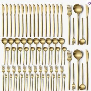 60pcs Gold Silverware Set, Titanium Gold Plated Stainless Steel Flatware Set, Knives Forks Spoons Cutlery Set For Wedding, Parties, Birthday, Restauroom, Dishwasher Safe, Stainless Steel Material Is Safe And Reliable
