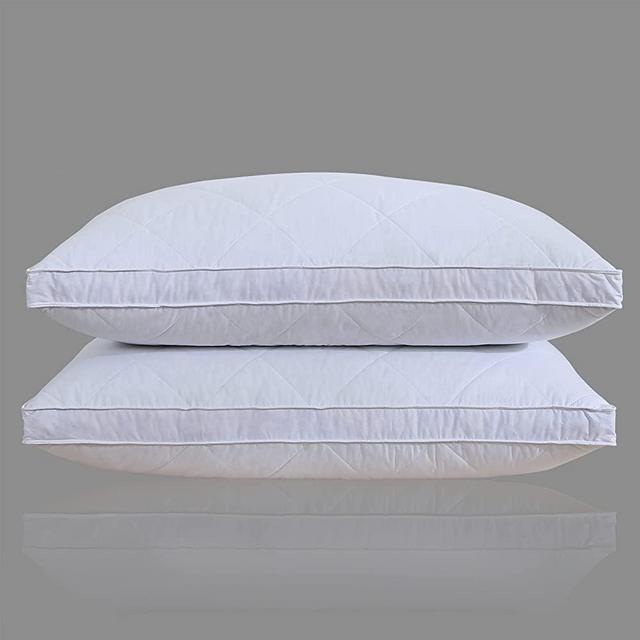 White Goose Feather with Polyester Fiber Bed Pillow - 600 Thread Count 100%Cotton,Medium Firm,Soft Support Surround Fill Polyester Queen Size,White Solid,Package Include 2 Pillows.