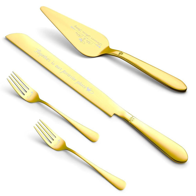 Eisinly Cake Cutting Set for Wedding, Elegant Cake Knife and Server Set with Stainless Steel Forks, Cake Cutter and Pie Spatula for Couples Wedding Registry, Engagements, Anniversary, 4 Pcs, Gold