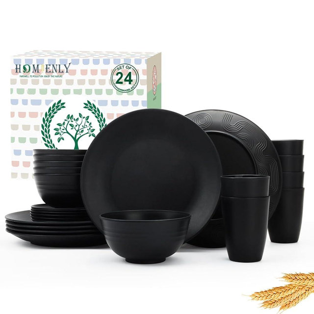Homienly 24-Piece Wheat Straw Dinnerware Sets,Service for 6 - Cups, Plates and Bowls Sets,Reusable Dishwasher and Microwave Safe Melamine Dinnerware Set for Home,Camping,RVs - Black