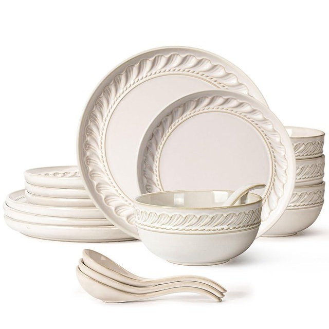 Artena Plates And Bowls Sets, 16 Pieces Dinnerware Sets, Dish Set For 4, Ceramic Kitchen Bowl And Plate Set, Embossed White Dishware Sets, Dishwasher & Microwave Safe (Willow Leaf)