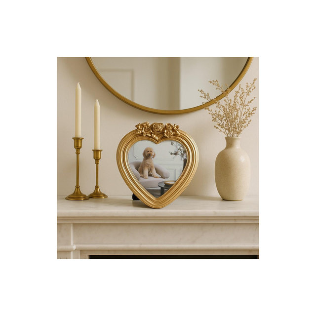 Decorative Heart Photo Frame with Roses Top Detailing - Ornate Frame Perfect for Tabletop, Living Room, Bedroom, Home Decor - 7", Gold
