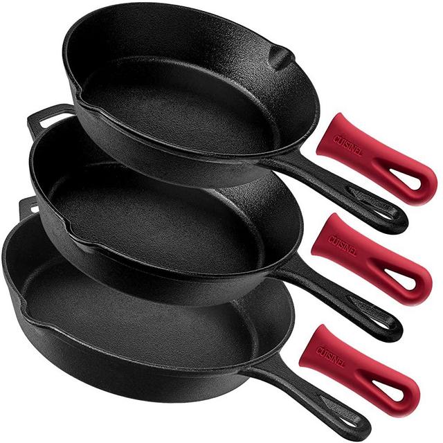 Cast Iron Skillet Set - 8" + 10" + 12"-Inch Pre-Seasoned Frying Pans + Silicone Handle Grip Covers - Indoor/Outdoor, Oven, Grill, Stovetop, BBQ, Fire and Induction Safe Kitchen and Camping Cookware