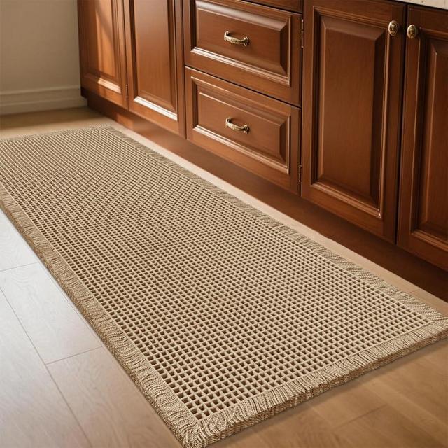 IM HOME Waffle Bath Mat Beige 5'x2', Boho Woven Modern Bath Mat Rugs, Absorbent Non Slip Bathroom Rugs, Soft Washable Bath Rugs with Tassels for Bathroom, Bedroom, Kitchen, Shower, Tub