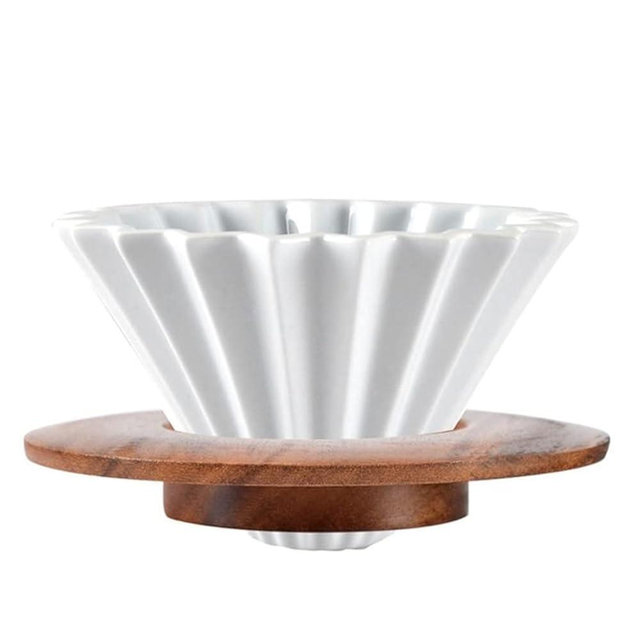 Goodening Ceramic Coffee Dripper Pour Over Coffee Maker with Wood Stand Elegant Flower Shape Filter
