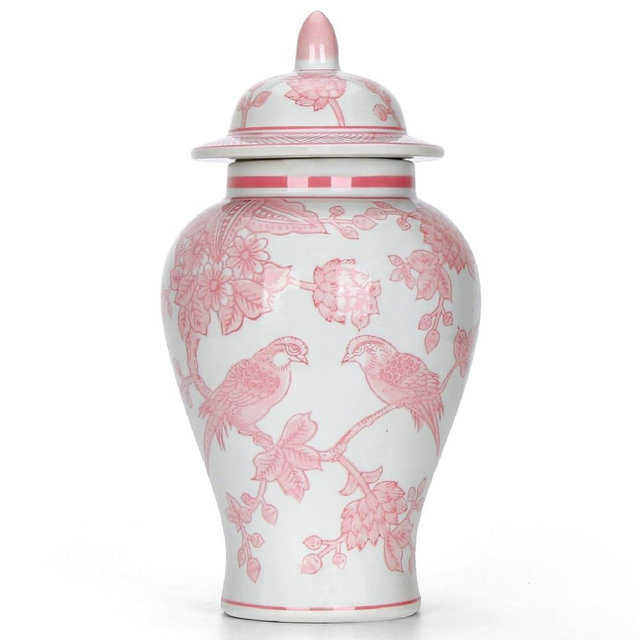 11″ Pink Ginger Jar with Lid Porcelain Stylized Songbirds Floral Temple Jar Chinoiserie Vase Chinese Style Ginger Jars Antique Home Decor for Interior Design