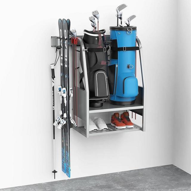 WALMANN Wall Mount Golf Bag Organizer, 2 Golf Bags Stand Golfing Equipment and Accessories Storage Rack for Garage Shed Basement